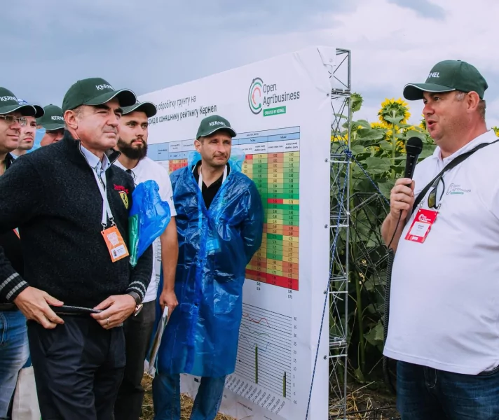 Люди в полі з соняхами отримують інформацію з агротехнологічної підтримки.